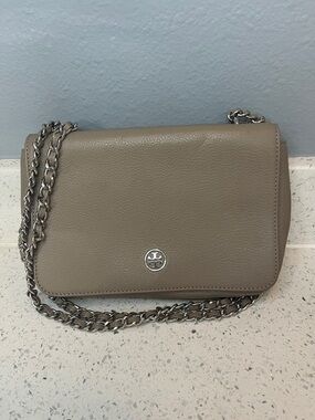 Tory Burch Taupe Leather Chain Shoulder Bag with Silver Hardware